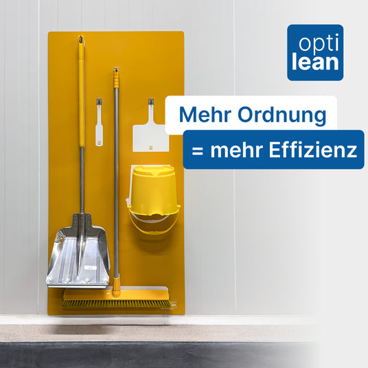 Cleaning station for industry, warehouse, and production areas — thanks to the white shadows, it’s immediately noticeable when the broom is missing. Implementation of the 5S method.