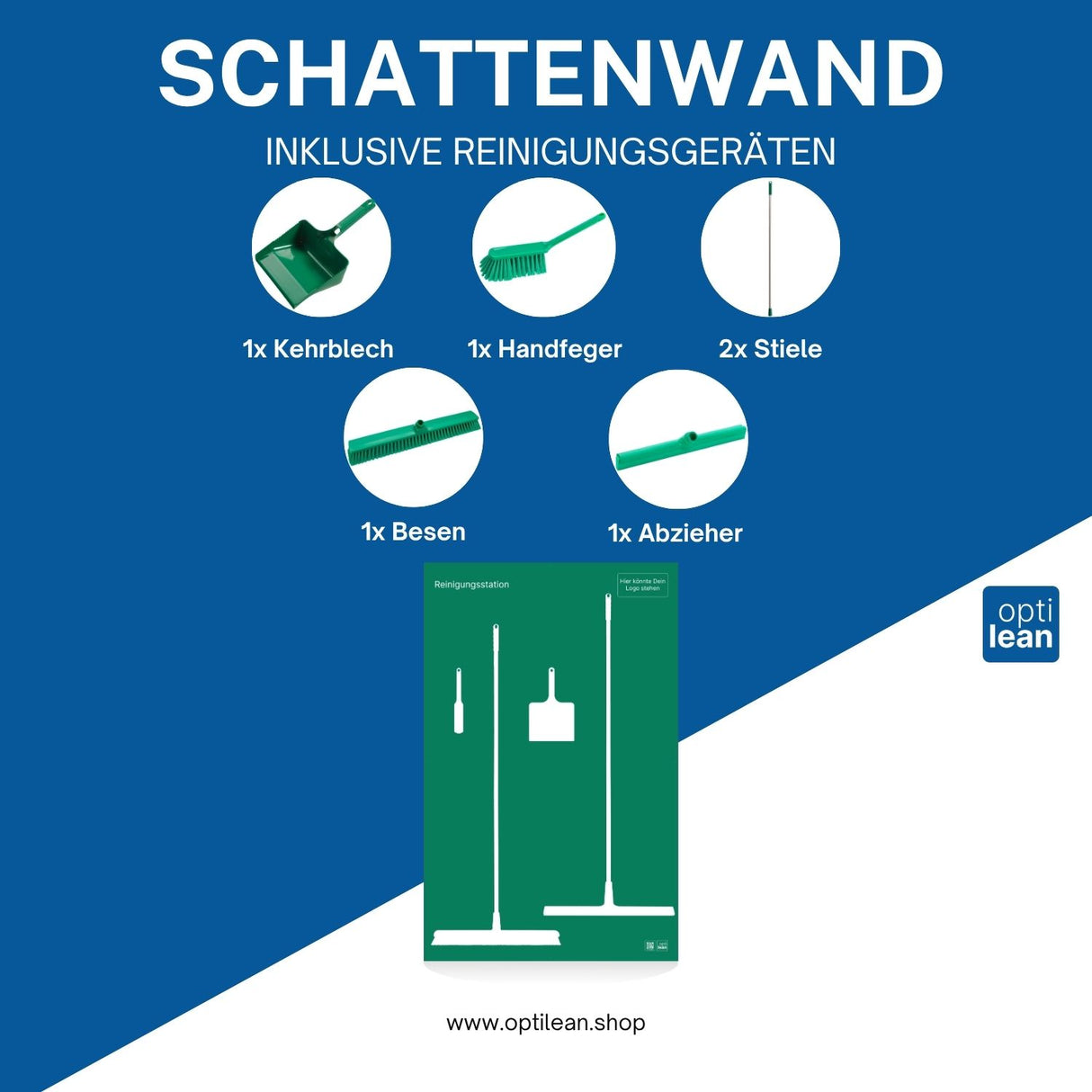 Individuelle Reinigungsstationen für Unternehmen Grün Schattenwand mit Reinigungsgeräte