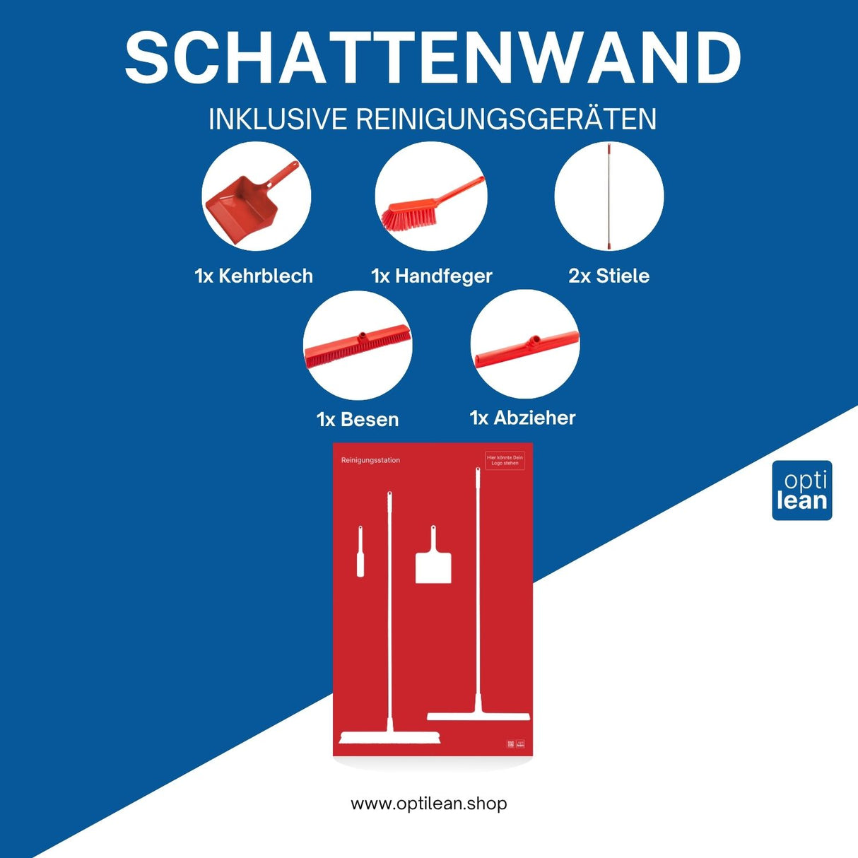 Individuelle Reinigungsstationen für Unternehmen Rot Schattenwand mit Reinigungsgeräte