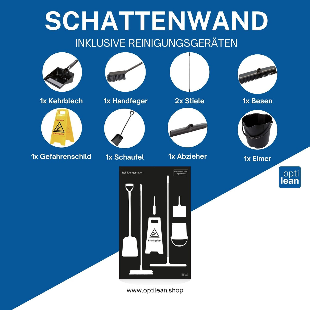 Lean Board (Schattenwand) Schwarz Schattenwand mit Reinigungsgeräte