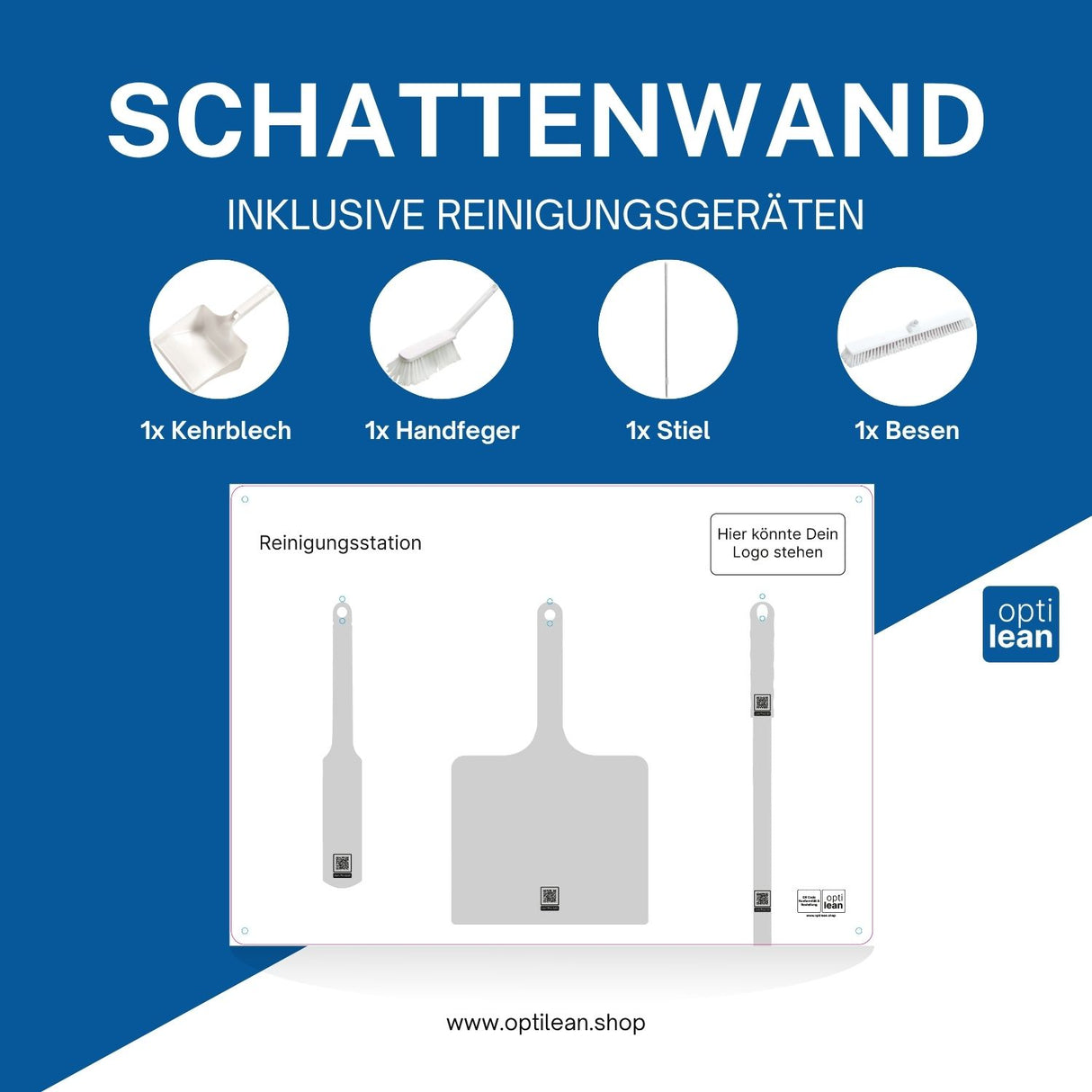 Reinigungsboard (Schattenwand) Weiß Schattenwand mit Reinigungsgeräte