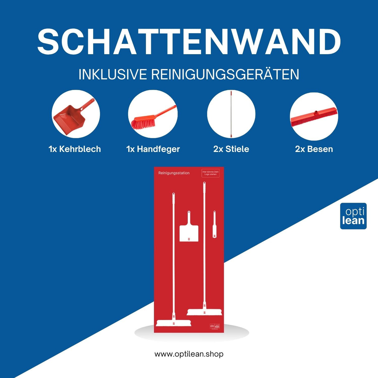 Reinigungswand für Besen Rot Schattenwand mit Reinigungsgeräte