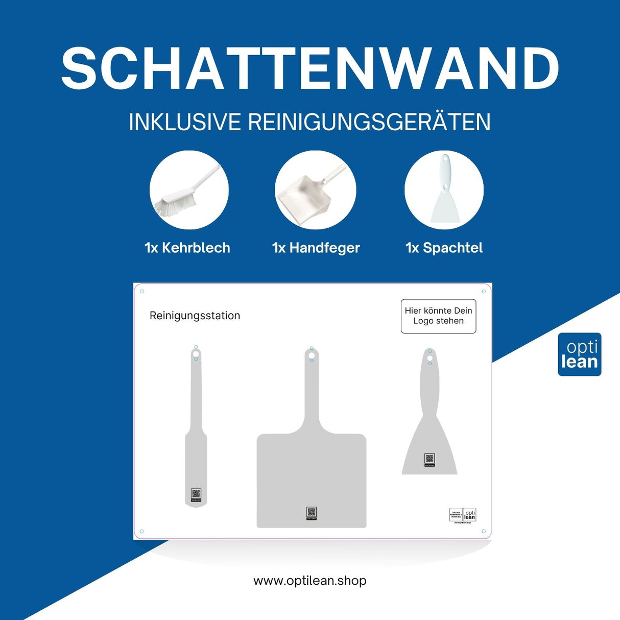 Reinigungsinsel (Schattenwand) Weiß Schattenwand mit Reinigungsgeräte