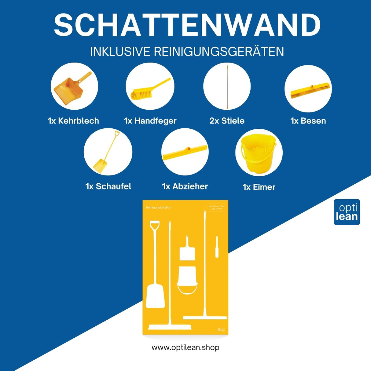 Schattenwand für Hygienebereiche in der Produktion Gelb Schattenwand mit Reinigungsgeräte