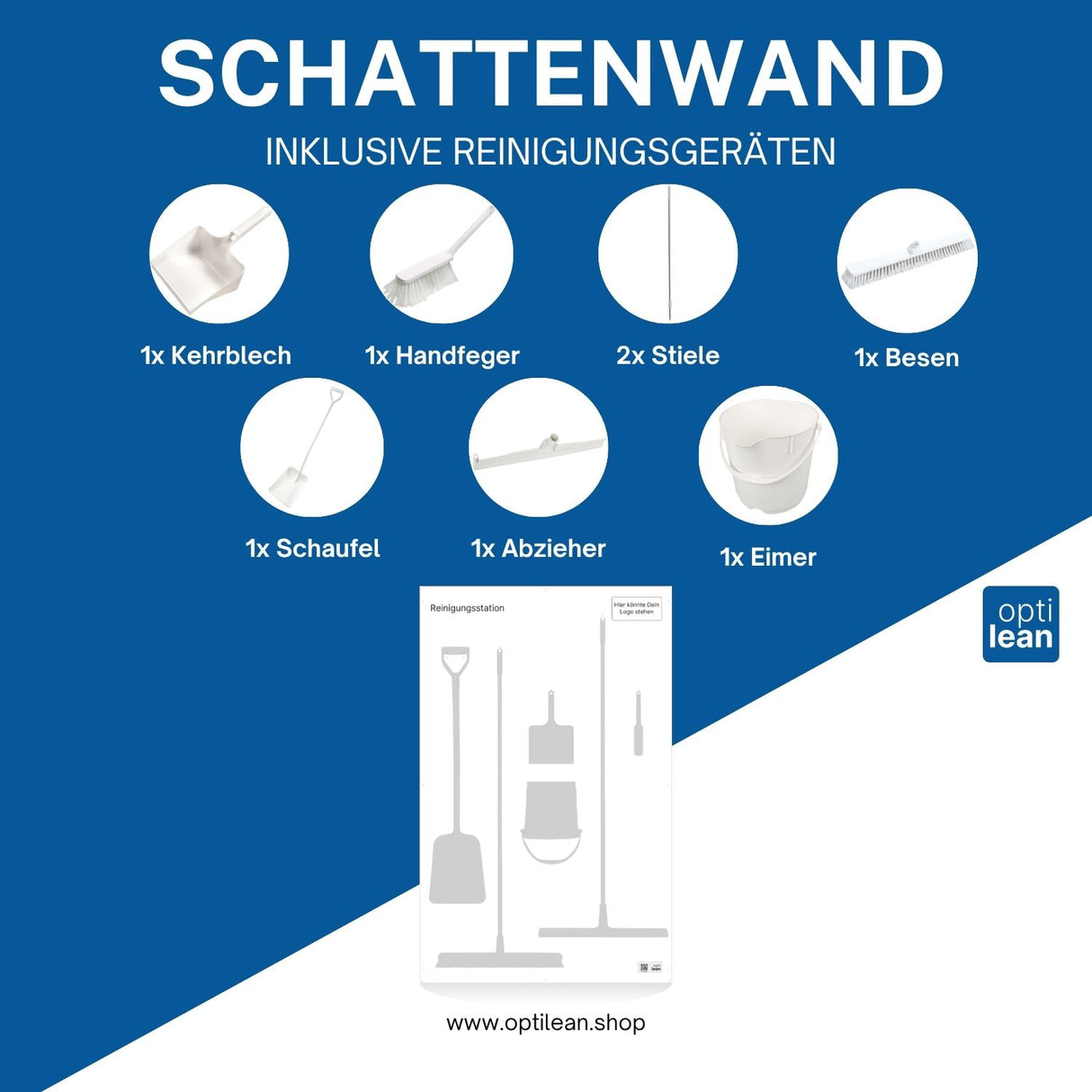 Schattenwand für Hygienebereiche in der Produktion Weiß Schattenwand mit Reinigungsgeräte