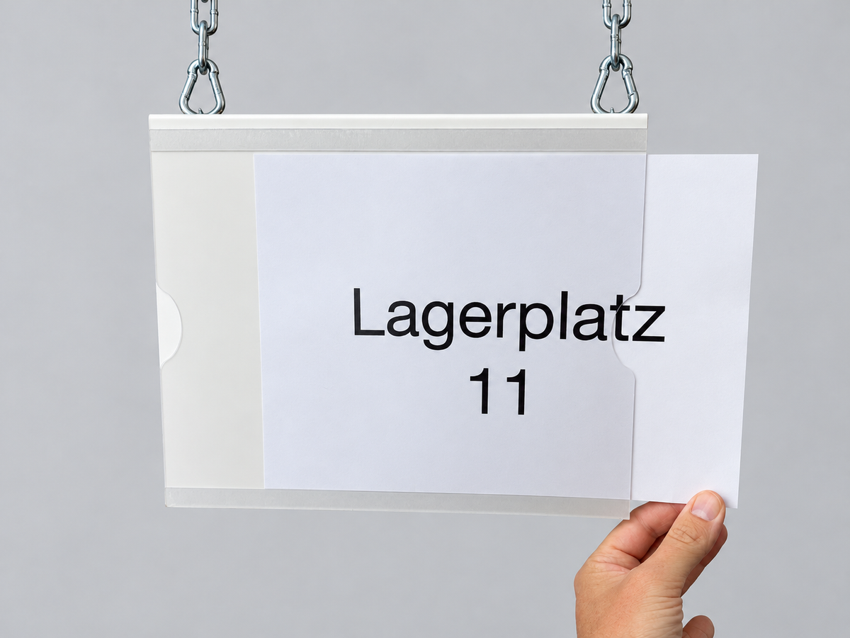 Blocklagerschild A4 quer mit Einstecktasche · 240 × 300 mm