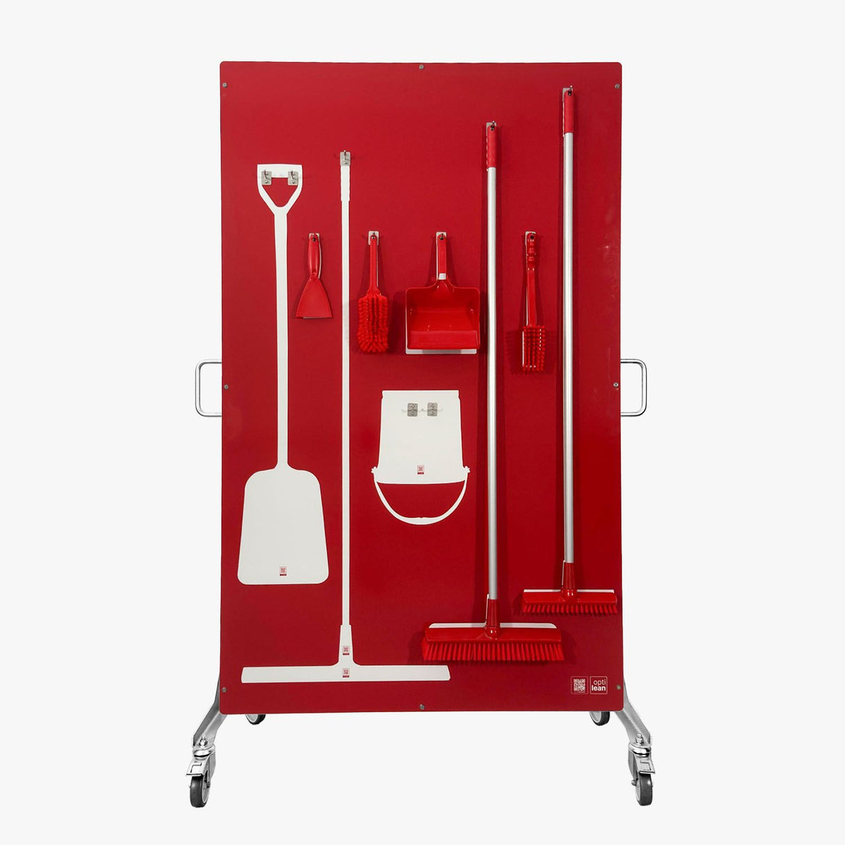 Reinigungsschattenwand Rot Mit Reinigungswerkzeuge Schattenwand auf Rollwagen