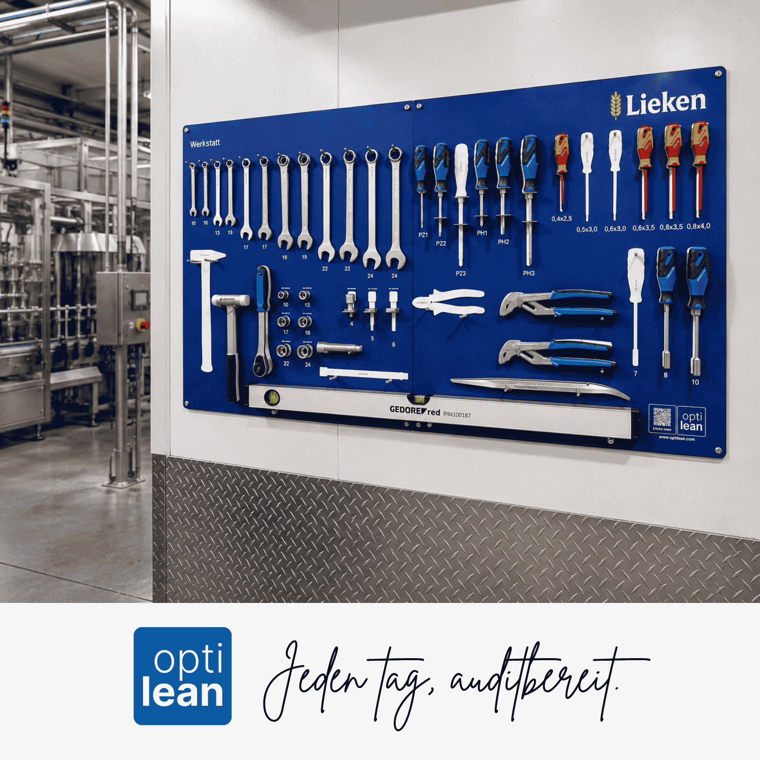 Werkzeugwand und Shadowboard von opti lean für 5S und Werkzeugorganisation in der Lebensmittelindustrie