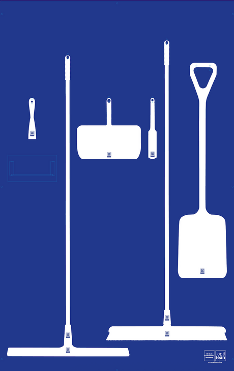 Schattenwand in Blau mit Reinigungsgeräte