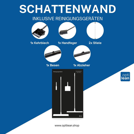 Individuelle Reinigungsstationen für Unternehmen Schwarz Schattenwand mit Reinigungsgeräte
