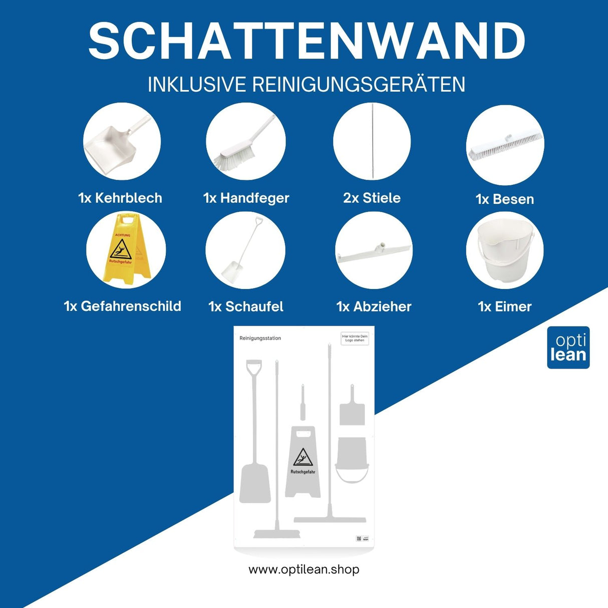 Lean Board (Schattenwand) Weiß Schattenwand mit Reinigungsgeräte