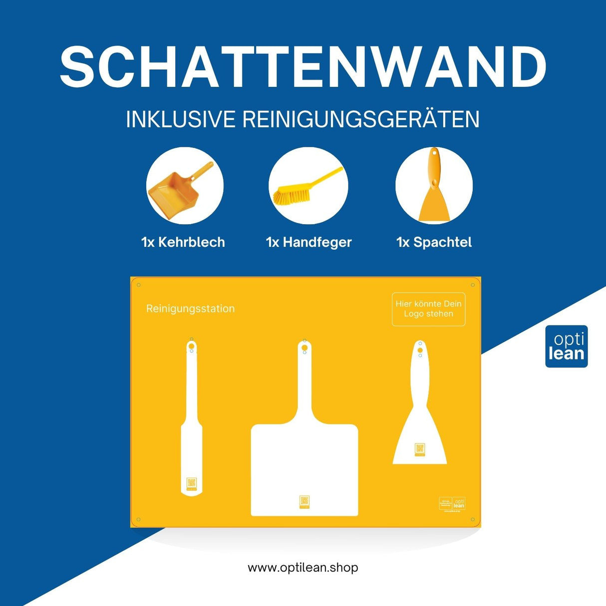 Reinigungsinsel (Schattenwand) Gelb Schattenwand mit Reinigungsgeräte