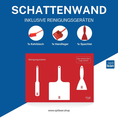 Reinigungsinsel (Schattenwand) Rot Schattenwand mit Reinigungsgeräte