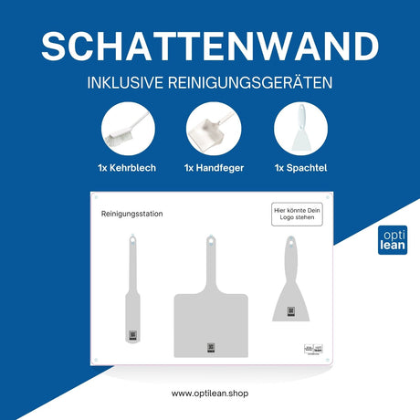 Reinigungsinsel (Schattenwand) Weiß Schattenwand mit Reinigungsgeräte
