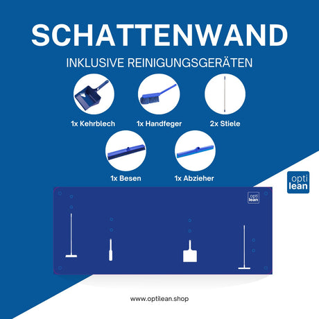 Schattenwand Klemmleiste blau Schattenwand mit Reinigungsgeräte