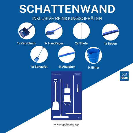 Schattenwand für Hygienebereiche in der Produktion Blau Schattenwand mit Reinigungsgeräte