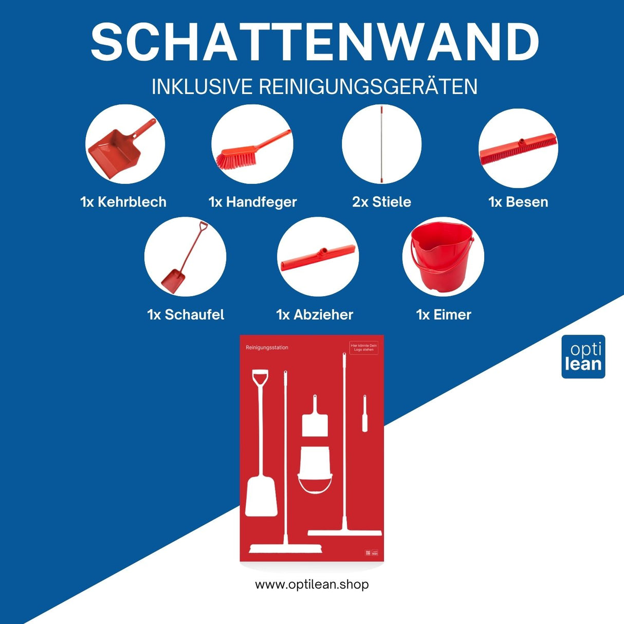 Schattenwand für Hygienebereiche in der Produktion Rot Schattenwand mit Reinigungsgeräte