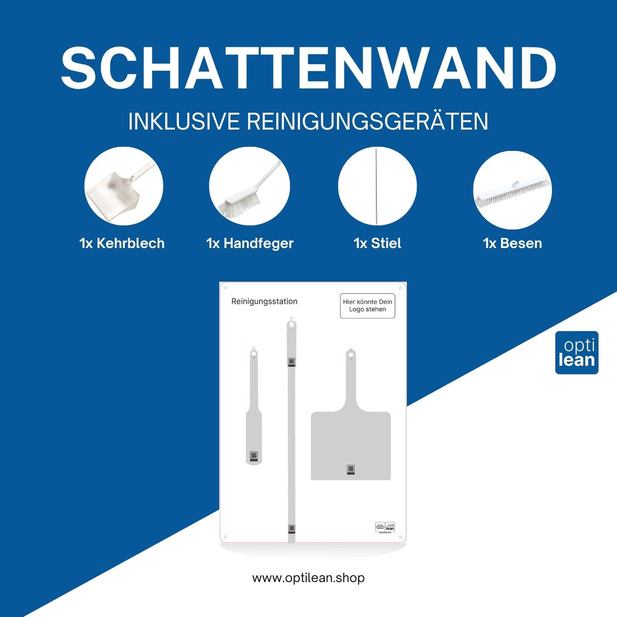 Shadowboard Reinigung Weiß Schattenwand mit Reinigungsgeräte