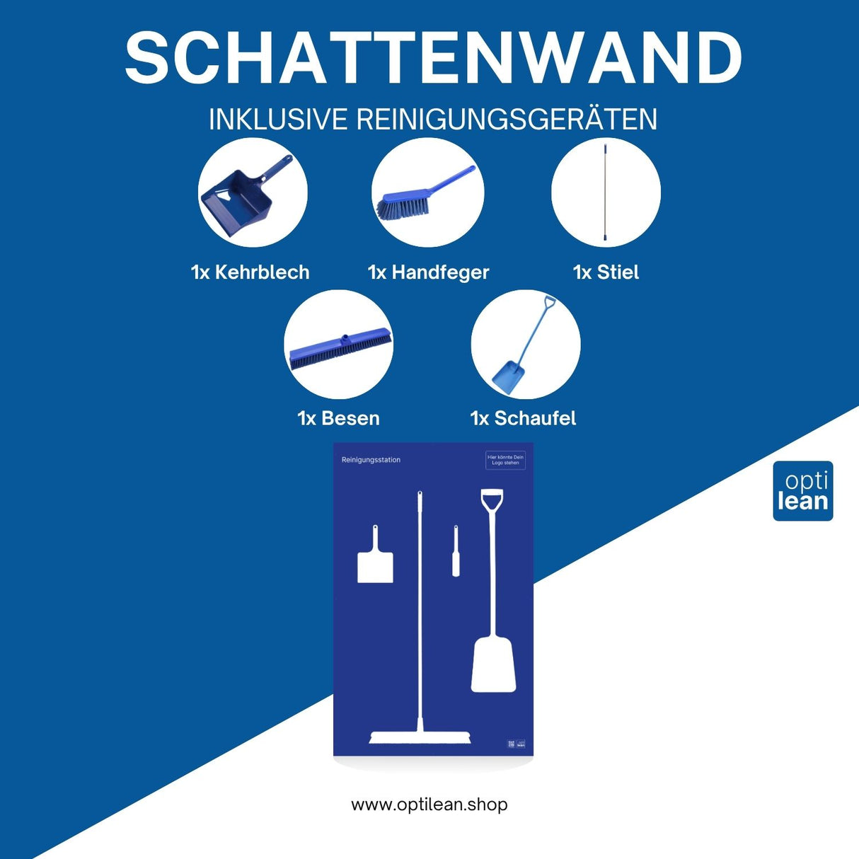 Werkzeugwand für Reinigungszubehöhr Blau Schattenwand mit Reinigungsgeräte