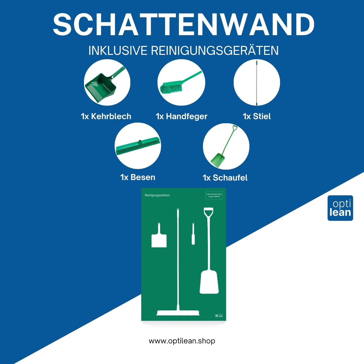Werkzeugwand für Reinigungszubehöhr Grün Schattenwand mit Reinigungsgeräte